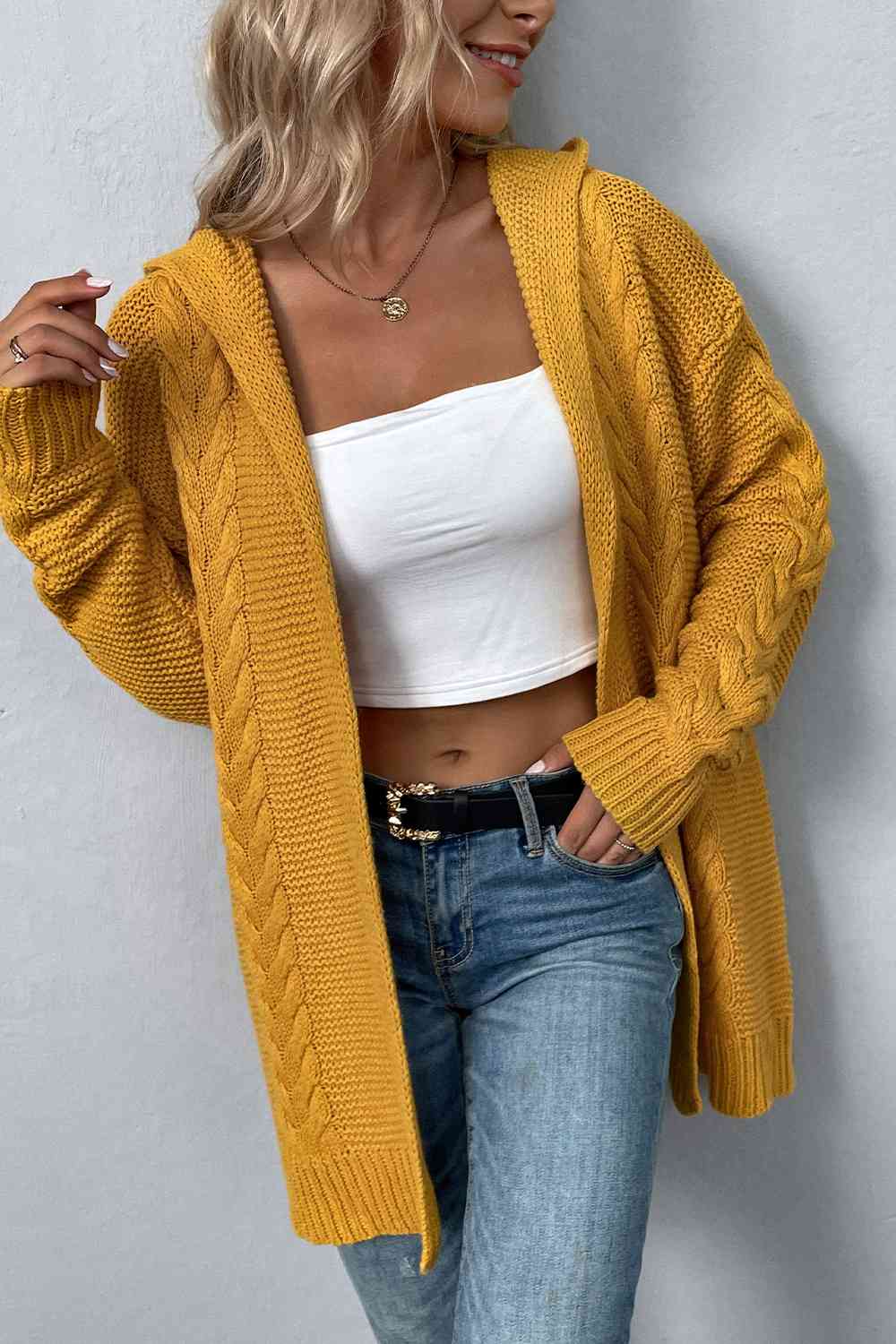 Cable-Knit Dropped Shoulder Hooded Cardigan