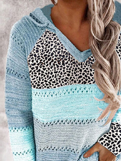 Full Size Openwork Leopard Drawstring Hooded Sweater