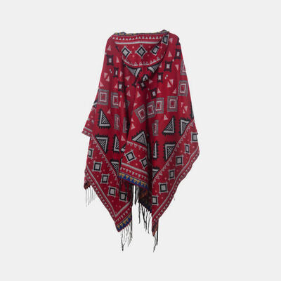 Geometric Fringe Hem Hooded Shawl