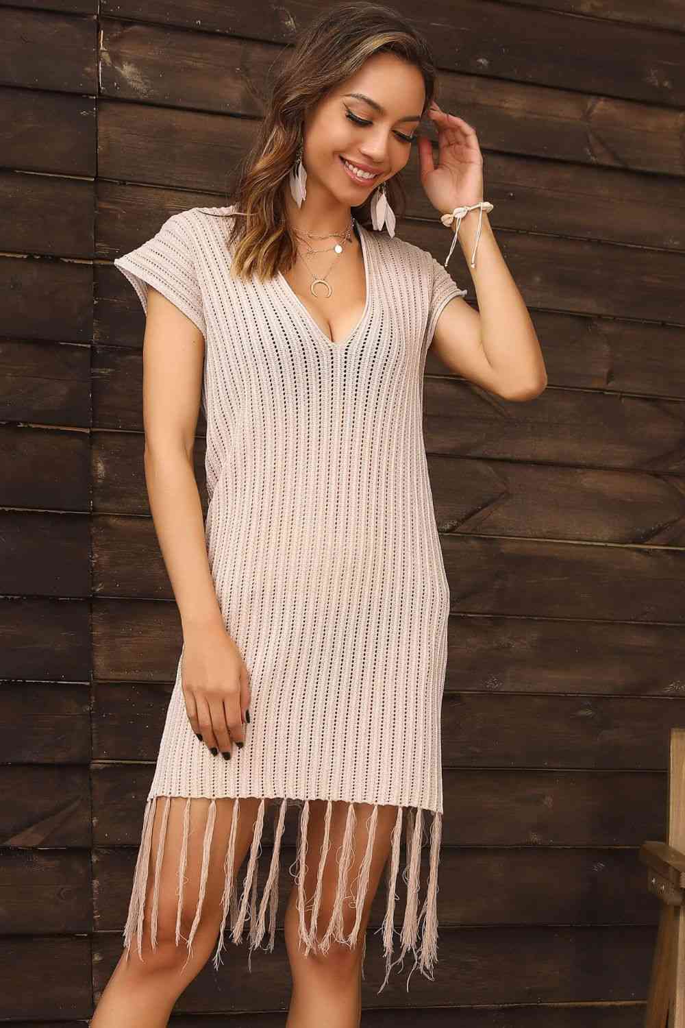 Fringe Hem Short Sleeve Deep V Cover Up Dress