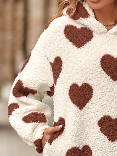 Fuzzy Heart Pocketed Dropped Shoulder Hoodie